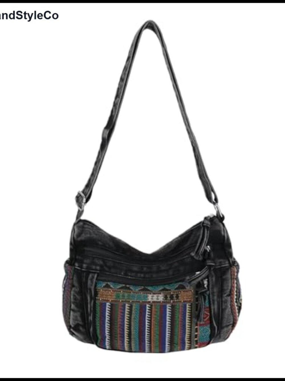 Boho Denim Crossbody Bag with Pockets, Adjustable Strap, Vintage Hippie Purse